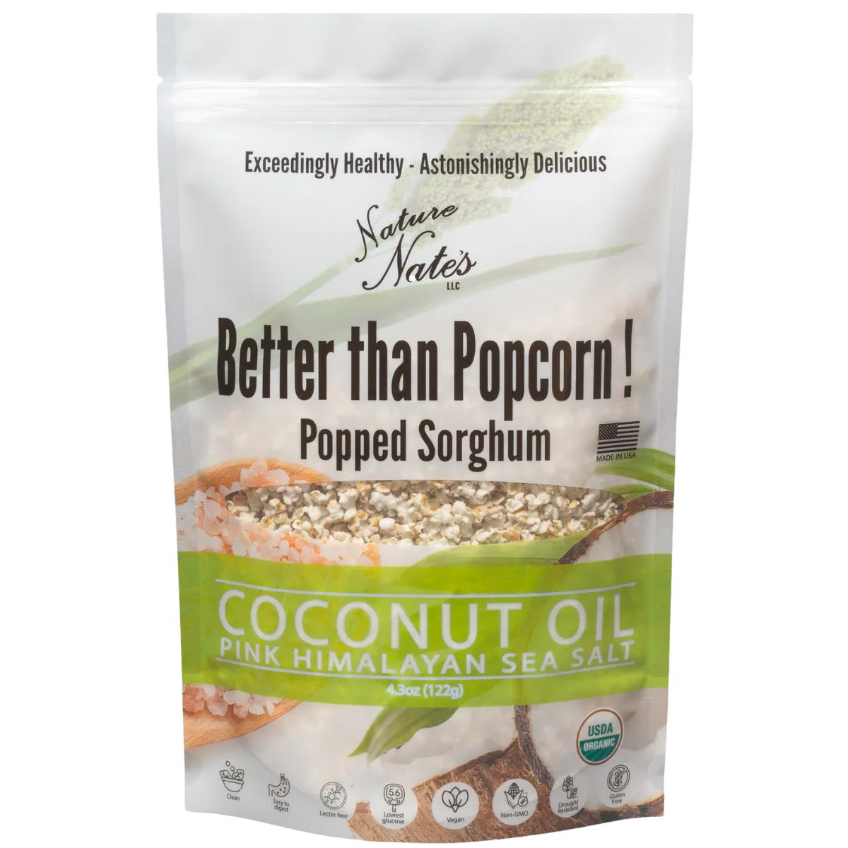 Organic Popped Sorghum Coconut Oil & Pink Himalayan Salt 4.3 oz (Single Bag) image 1