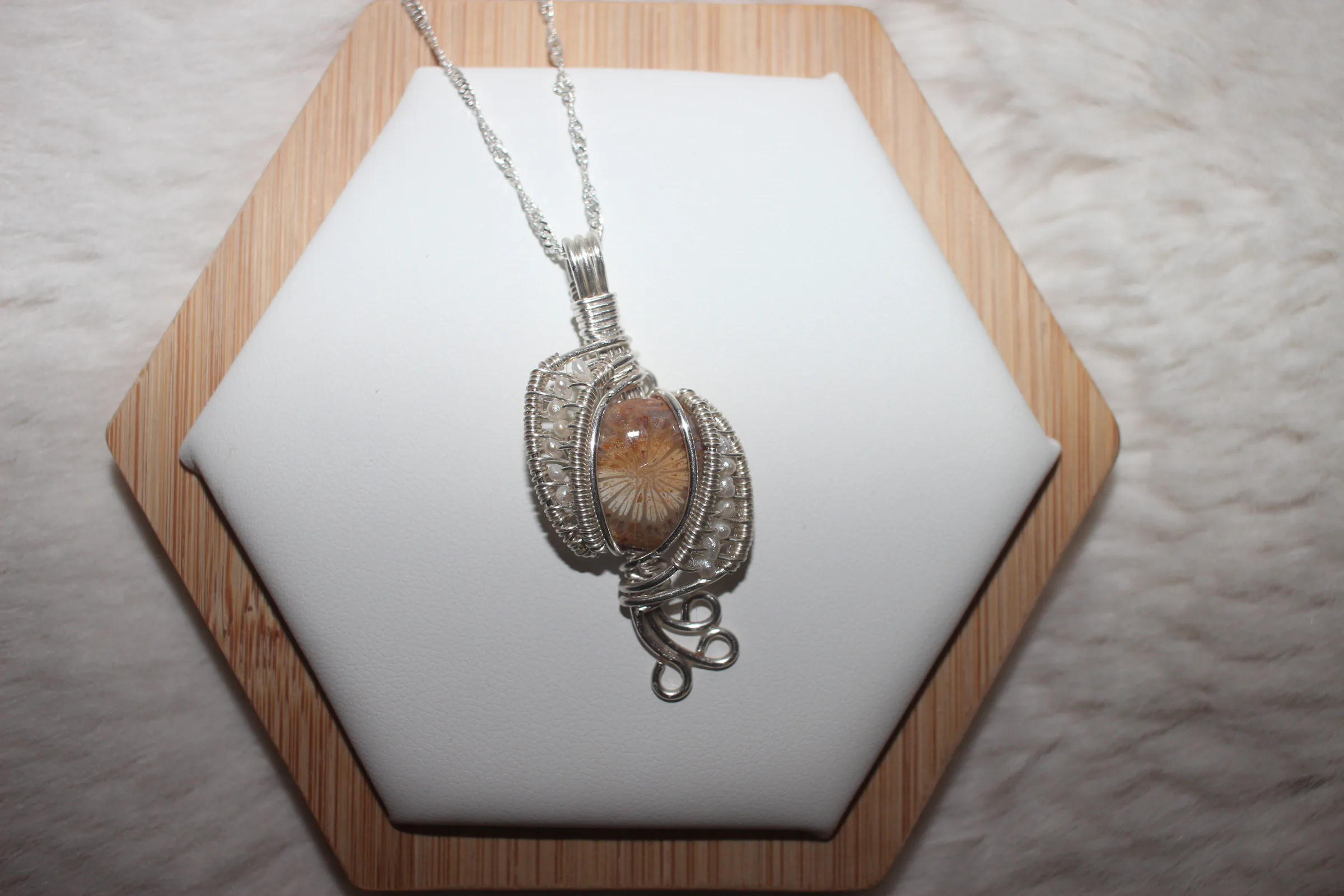 Petrified Coral Pearl Necklace Silver Filled image 1