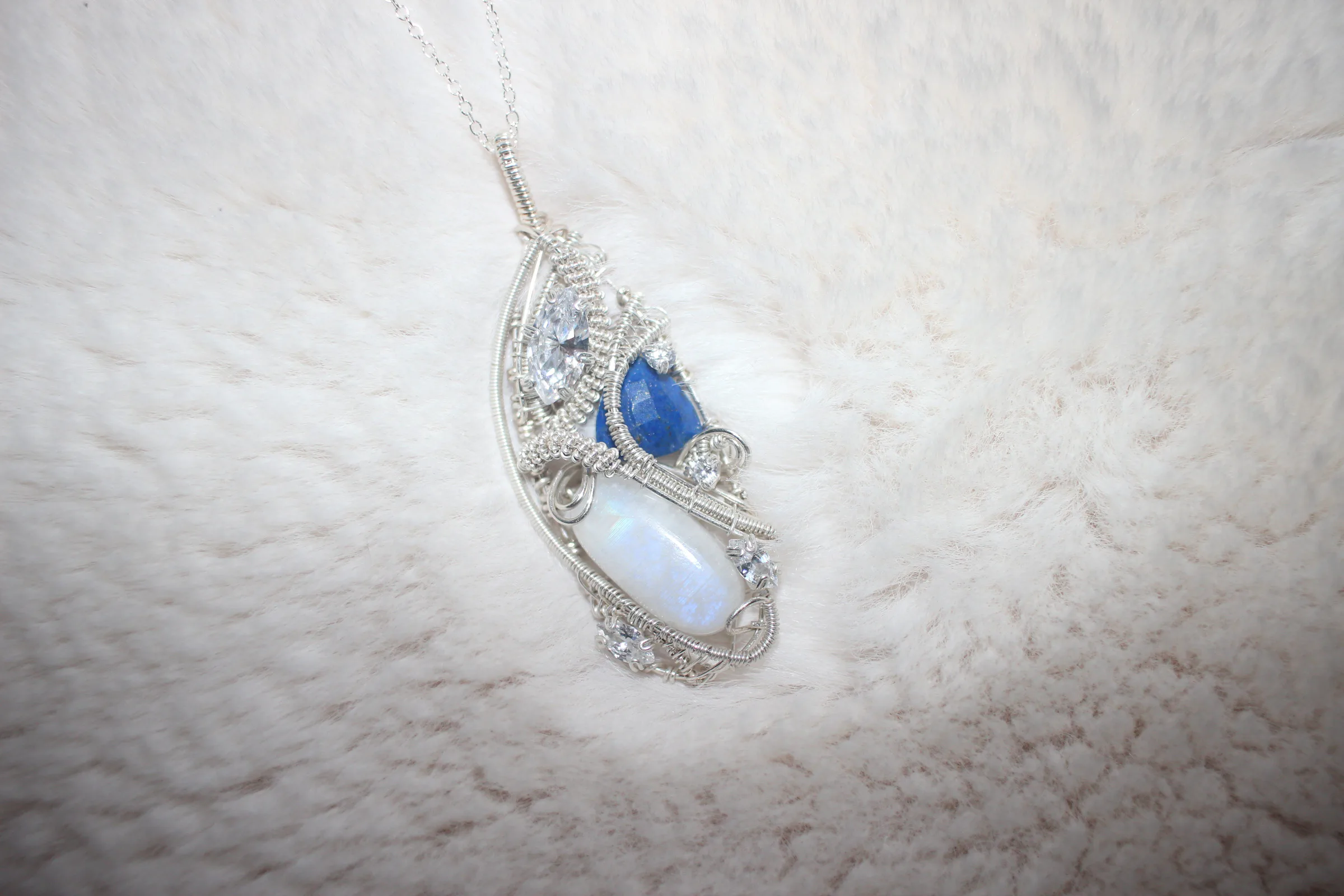 Rainbow Moonstone Lapis Necklace Sterling Silver image 1