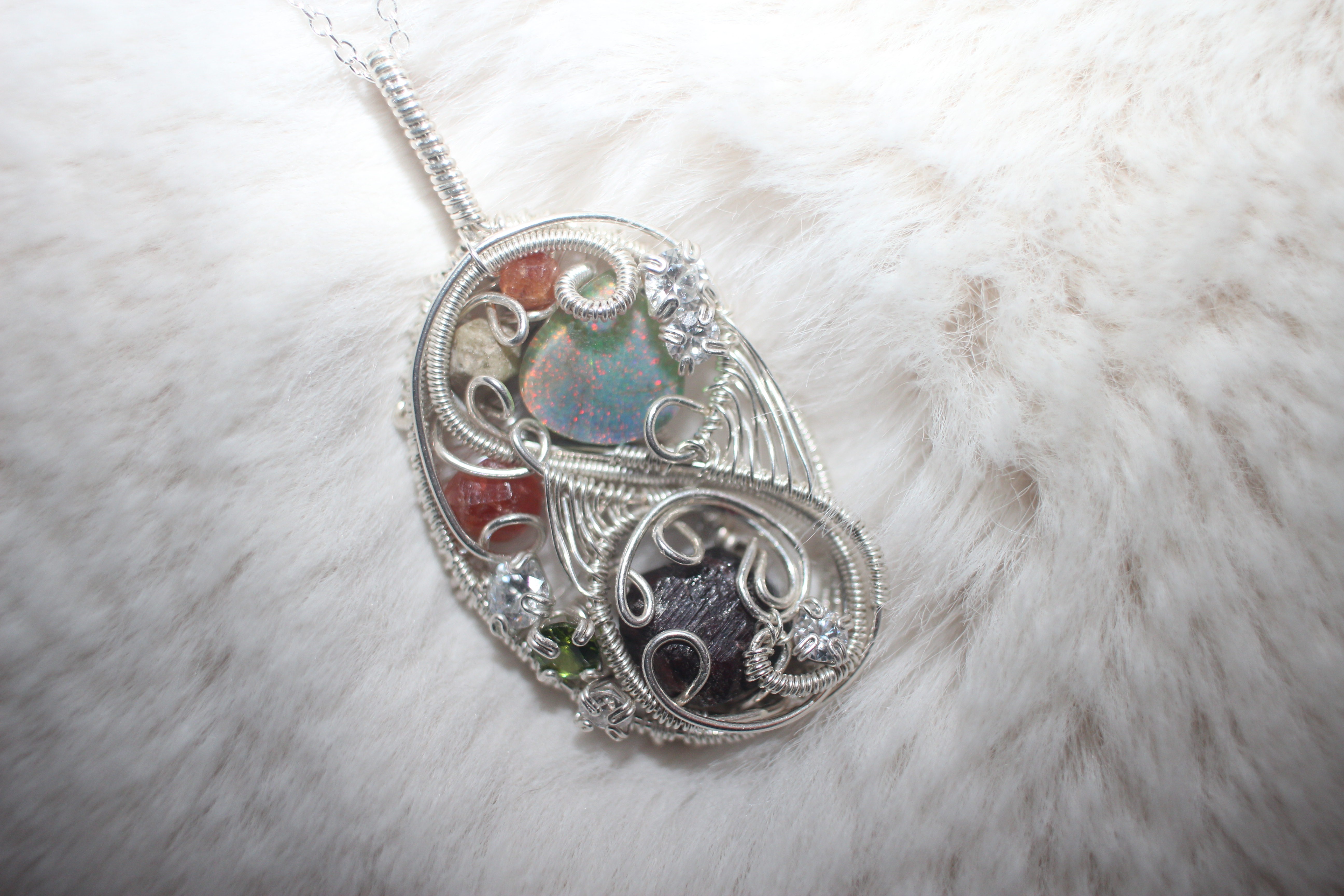 Monarch Opal Etched Garnet Necklace Argentium Sterling Silver